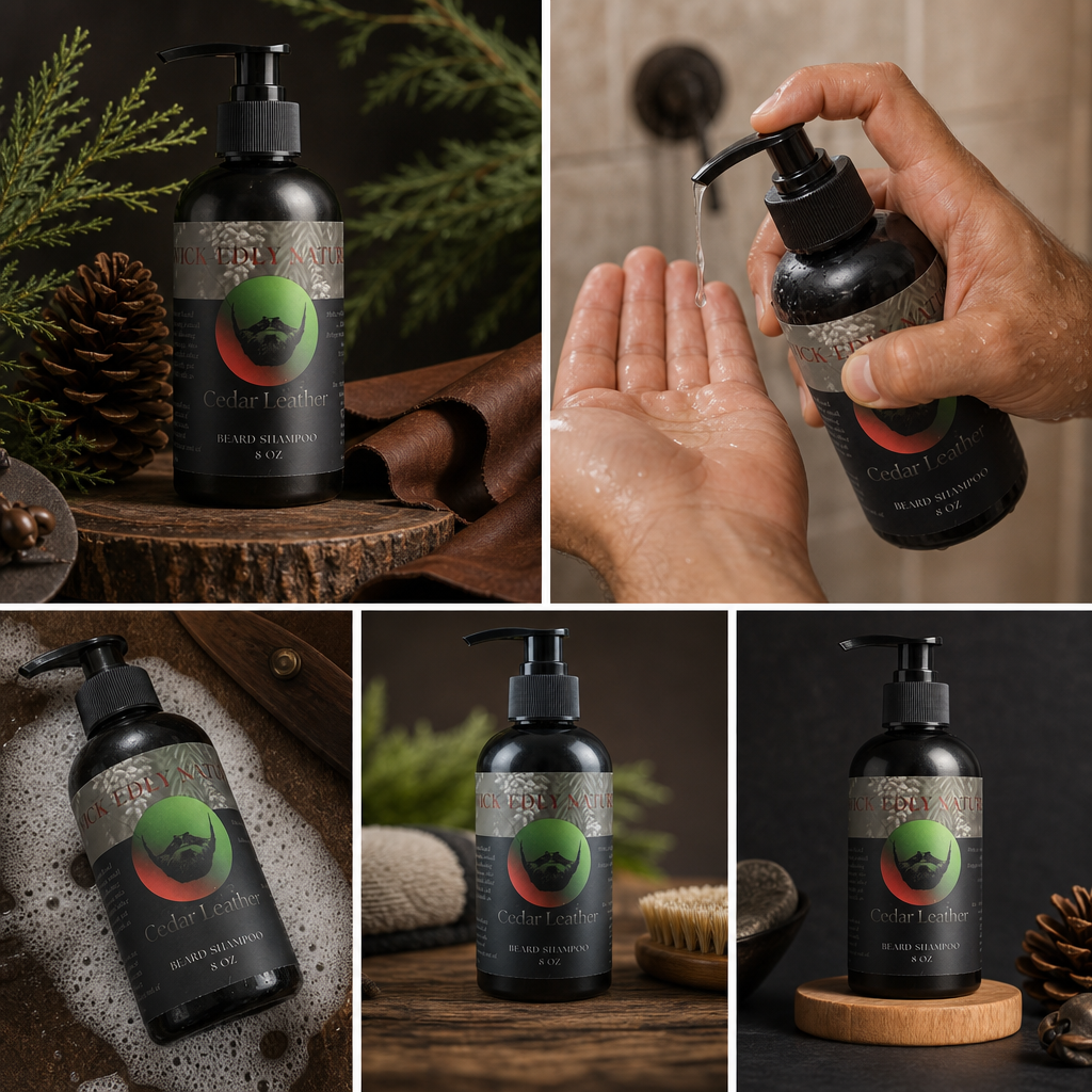 Collage of a black bottle with a pump labeled 'Redleaf' on a wooden surface, being held, and used.
