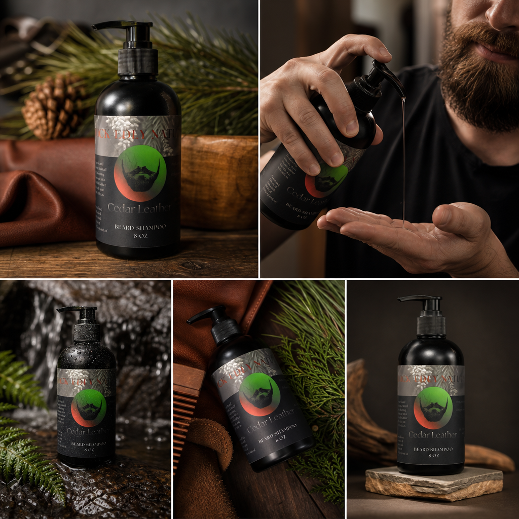 Collage of a bottle with a label featuring a green leaf design, surrounded by natural elements like pine cones and wood.
