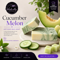 Cucumber Melon artisan bar soap with slices of cucumber and melon on a light background, featuring Wickedly Natural branding.