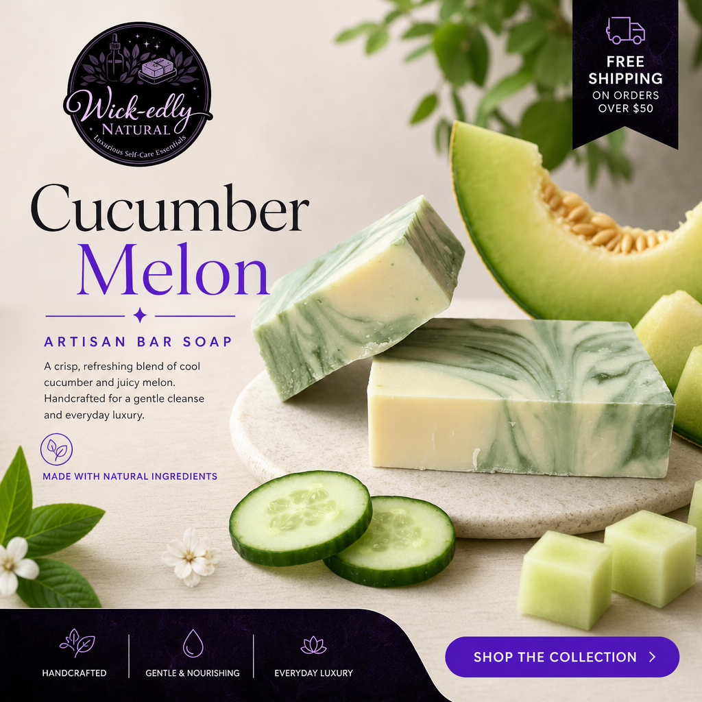 Cucumber Melon artisan bar soap with slices of cucumber and melon on a light background, featuring Wickedly Natural branding.