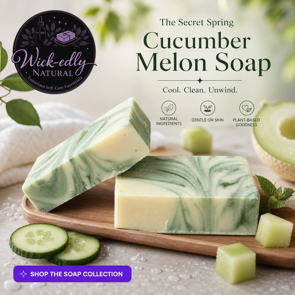 Cucumber Melon Soap with Wick-edly Natural branding on a wooden board with cucumbers and melon pieces.