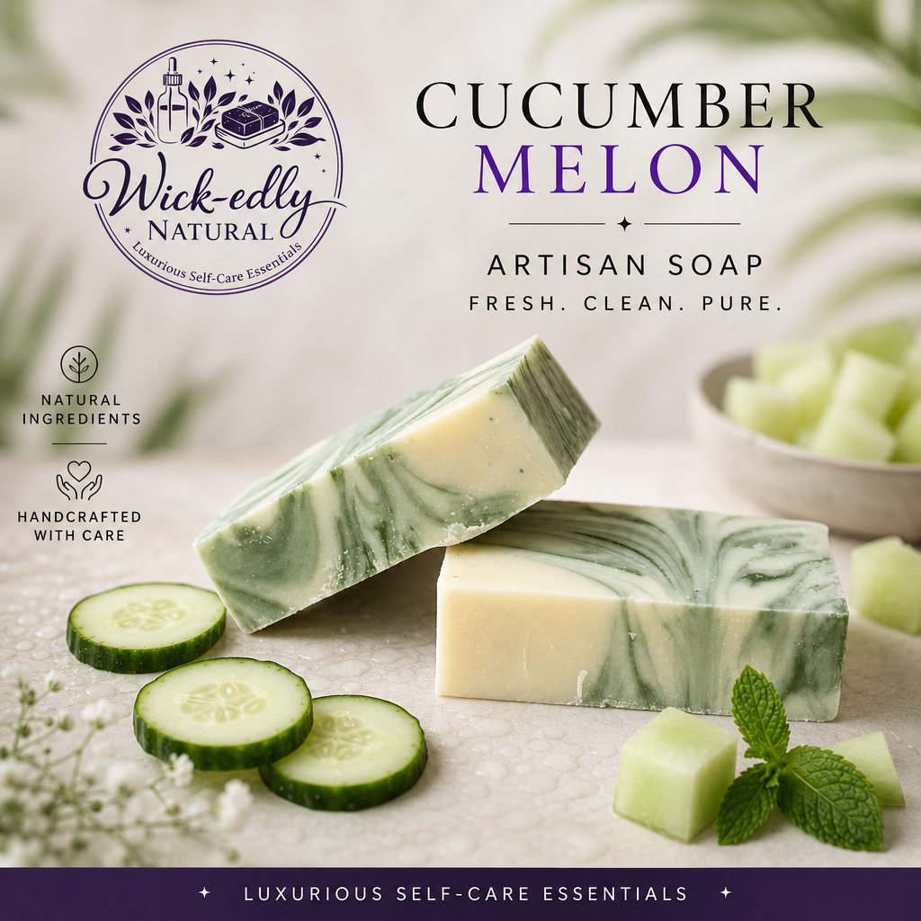 Cucumber melon artisan soap with natural ingredients and handcrafted elements on a light background.
