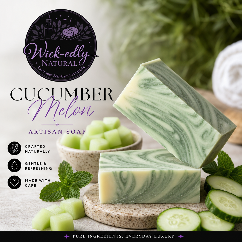 Cucumber melon artisan soap with visible brand logo and product details.