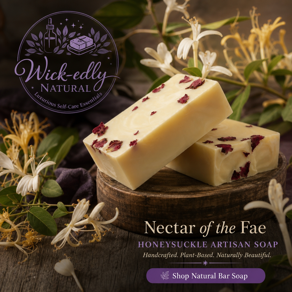 Three bars of Nectar of the Fae honeysuckle artisan soap on a wooden stand with flowers and 'Wick-eddy Natural' branding.