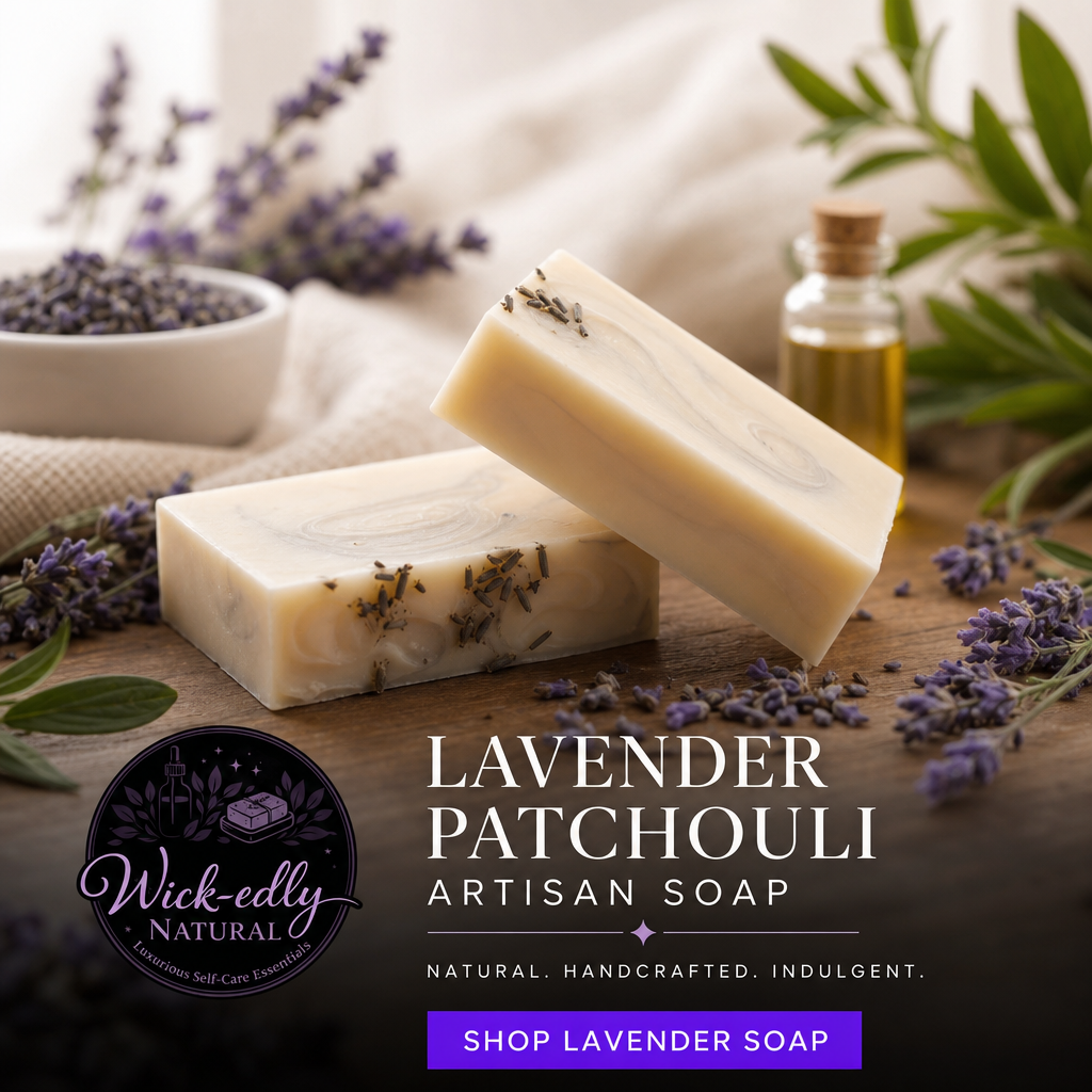 Lavender patchouli artisan soap with lavender flowers and essential oil bottle on a wooden surface.