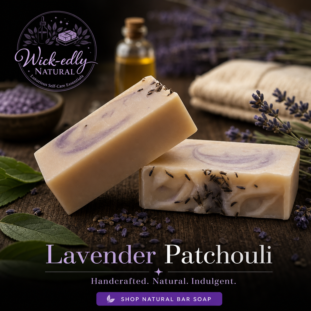 Two bars of Lavender Patchouli soap with lavender flowers and a bottle on a wooden surface, featuring the Wick-edly Natural brand.