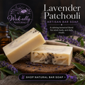 Lavender Patchouli artisan bar soap with lavender flowers and Wick-edly Natural branding.