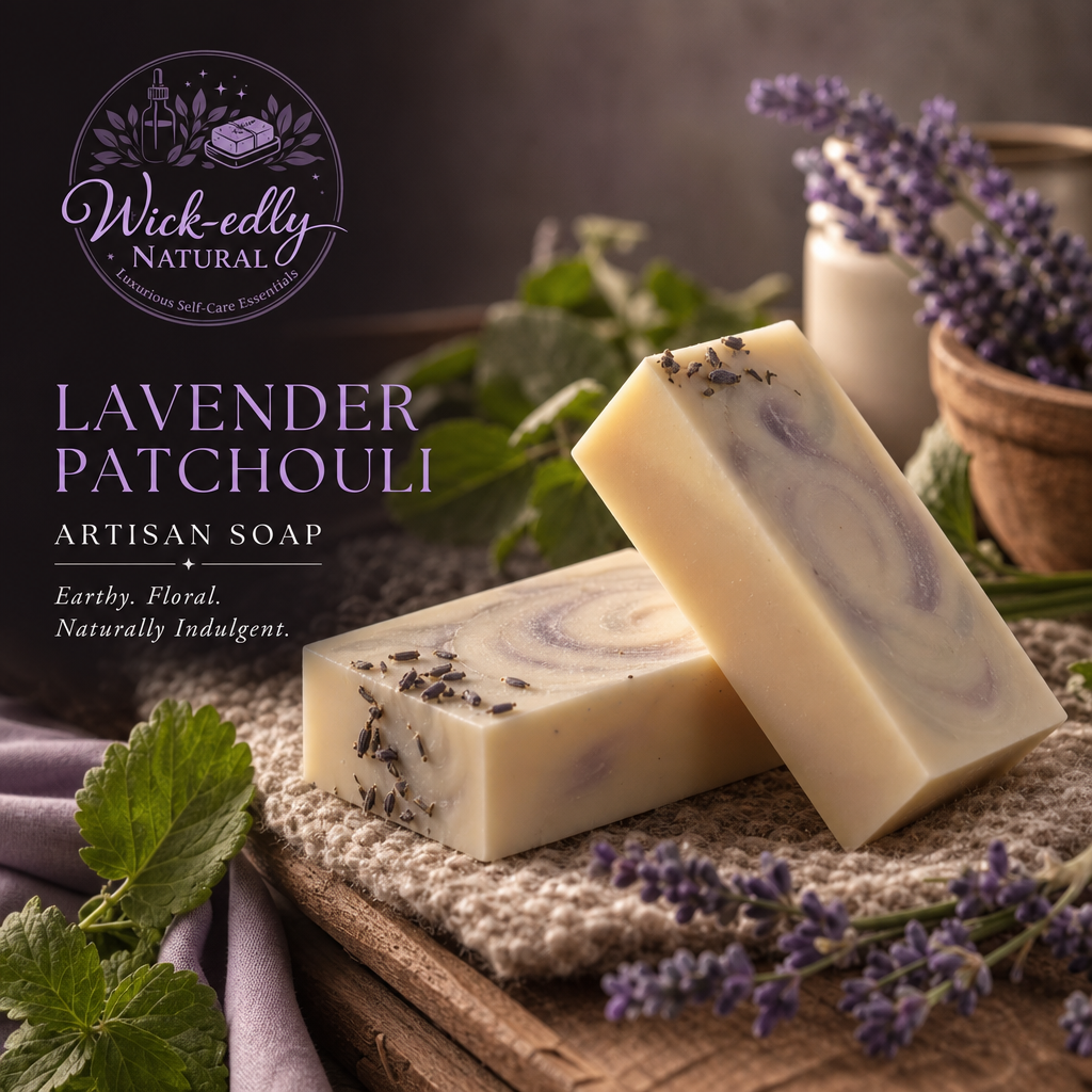 Two bars of lavender patchouli soap with lavender flowers on a wooden surface, featuring the Wick-edly Natural brand.