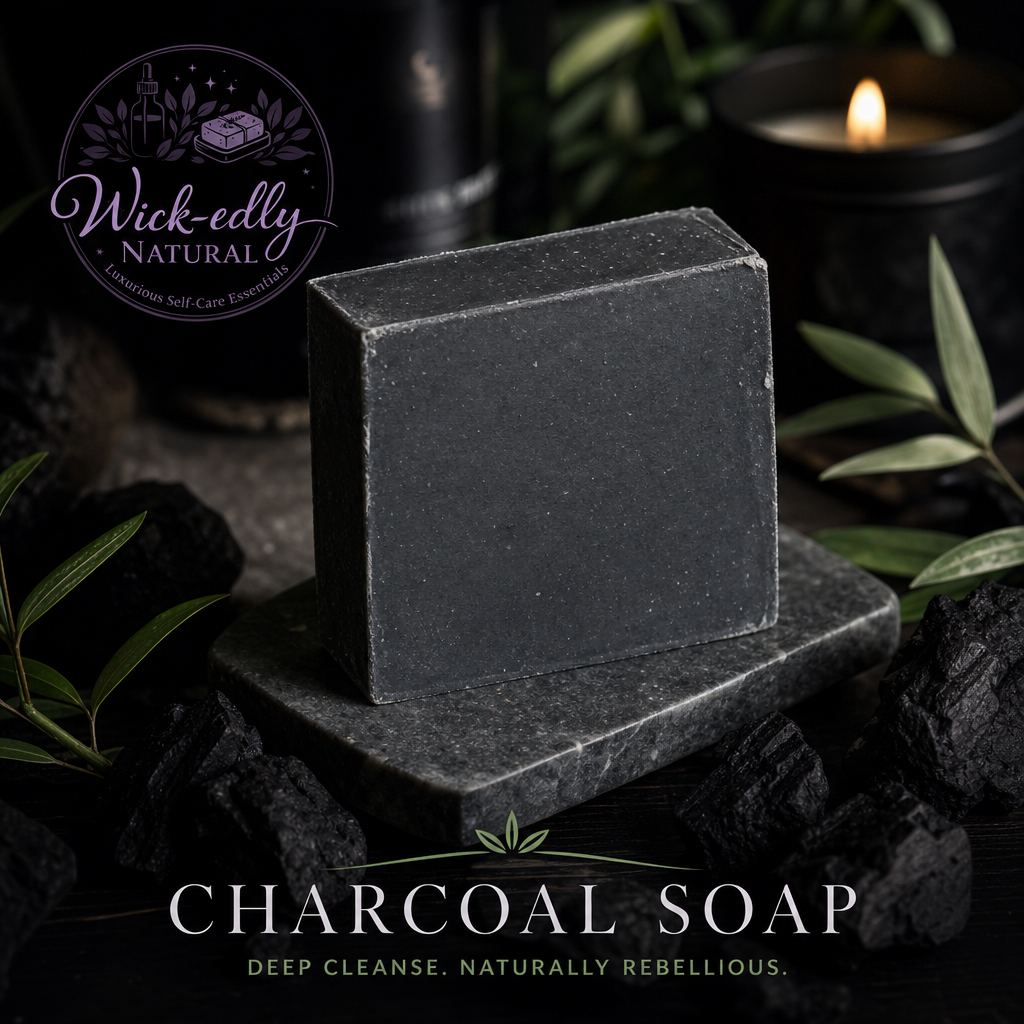 A rectangular bar of dark charcoal soap displayed on a matching stone slab, surrounded by black stones, green leaves, and a lit candle in the background. The brand logo 'Wick-eddy NATURAL' is visible in the top left, and the text 'CHARCOAL SOAP' is at the bottom.
