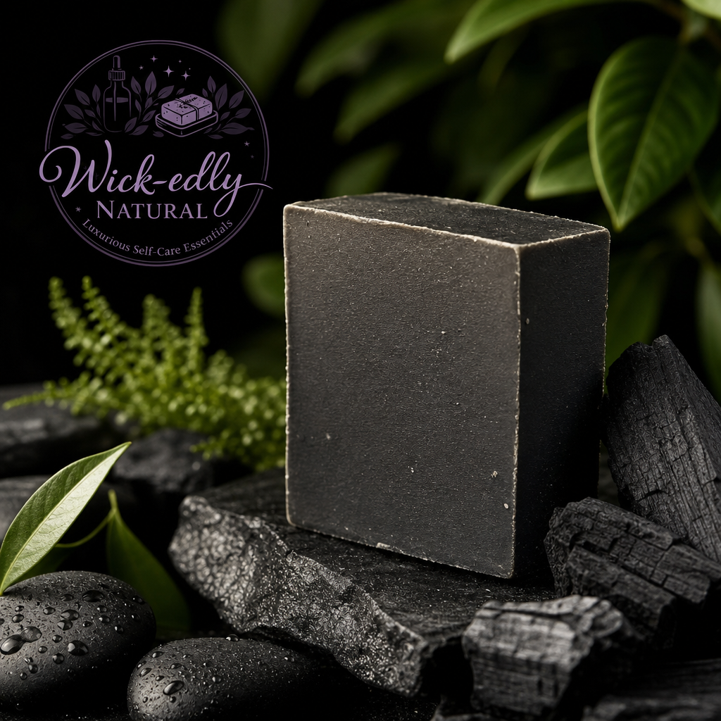 A rectangular bar of dark charcoal-colored soap stands upright on black charcoal stones and leaves, with a circular 'Wick-edly Natural' logo overlay in the top left. The background is dark with soft green foliage.