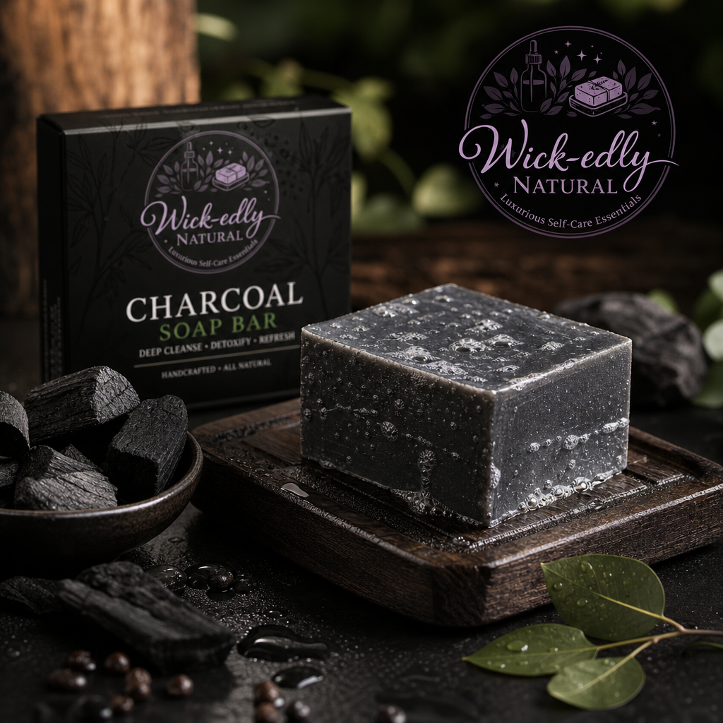 A dark charcoal soap bar sits on a wooden board next to its black retail box, with charcoal pieces, leaves, and water in a styled setting. The brand logo 'Wick-eddy Natural' is visible on the box and as an overlay.