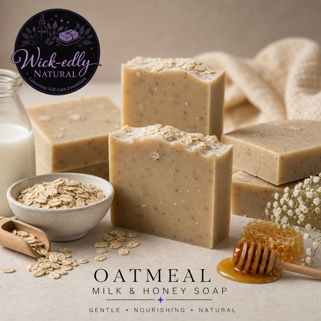 Oatmeal milk and honey soap with ingredients and Wick-edly Natural logo.
