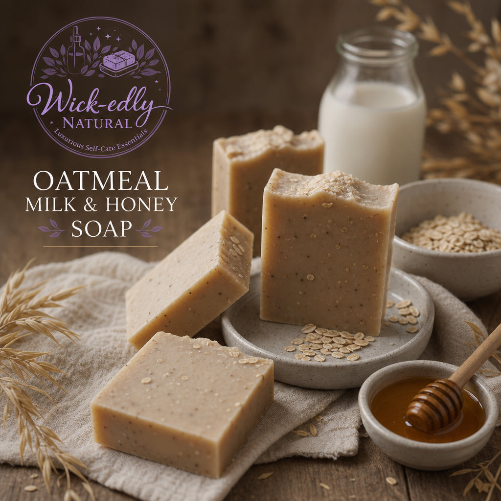 Oatmeal milk and honey soap with ingredients on a rustic wooden background, featuring the Wick-edly Natural brand.