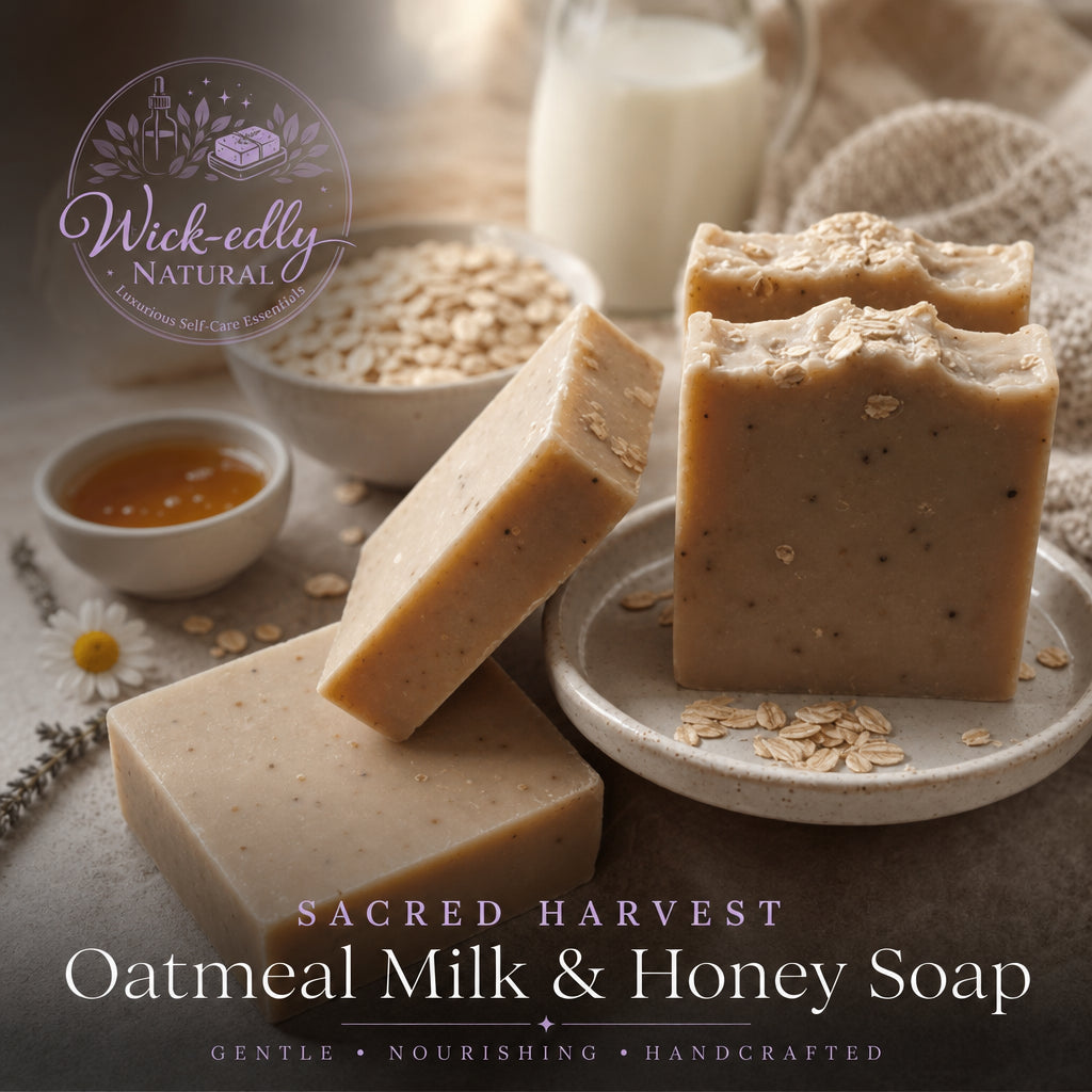 Oatmeal Milk & Honey Soap with ingredients and Wick-edly Natural branding